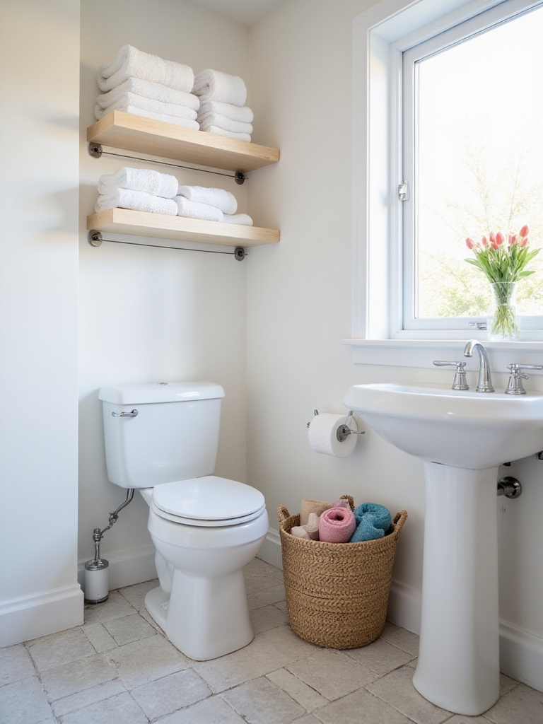 Rolled white towels neatly displayed on narrow floating shelves above a toilet in a small, organized bathroom.