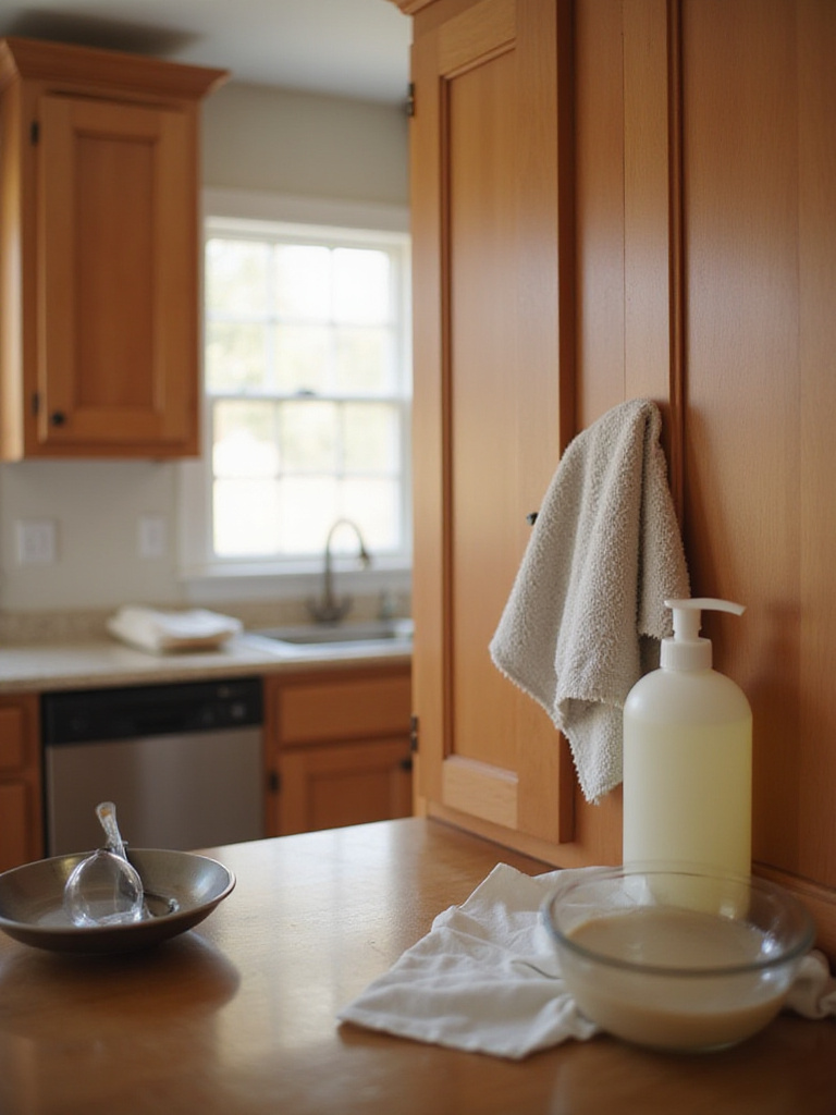 Maintaining the beauty of brown kitchen cabinets with gentle cleaning techniques.