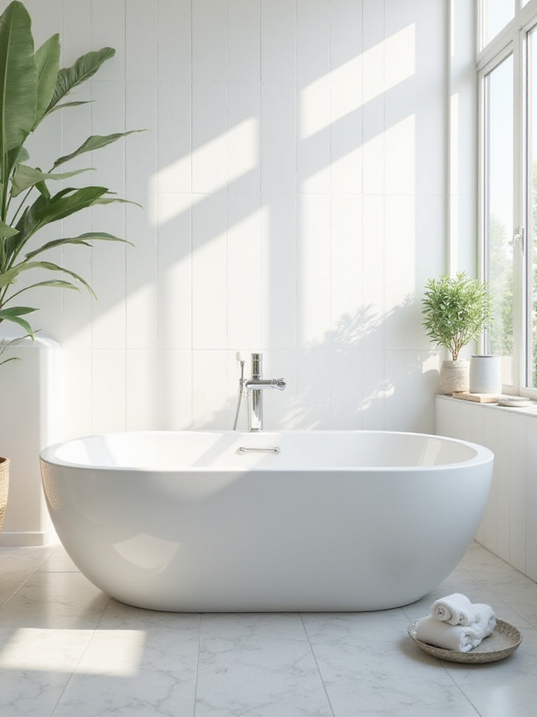A sparkling white bathtub in a modern, sunlit bathroom, showcasing a clean and well-maintained space.