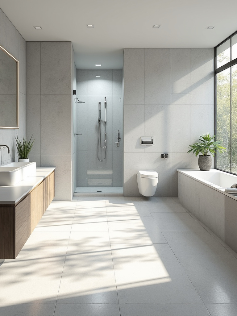 Modern bathroom with large format light gray porcelain tiles on floor and walls.