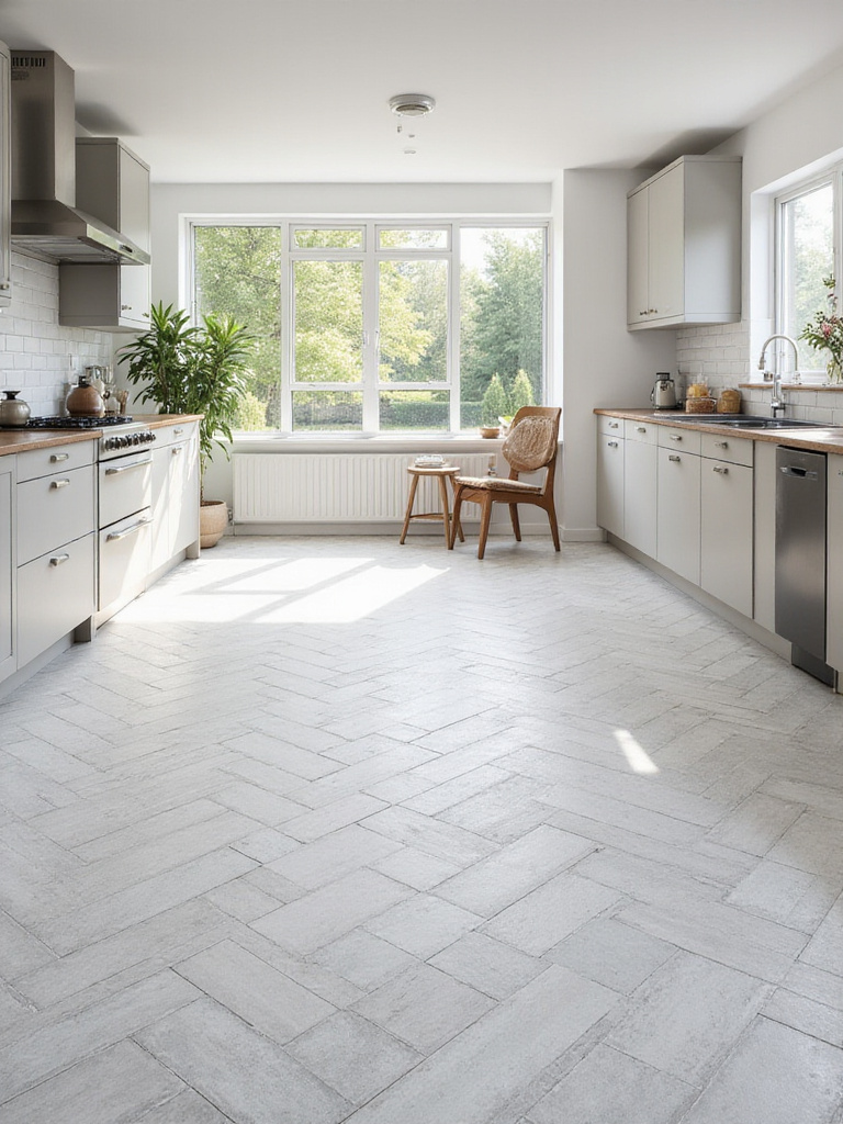Modern kitchen with a light grey ceramic tile floor laid in a herringbone pattern.