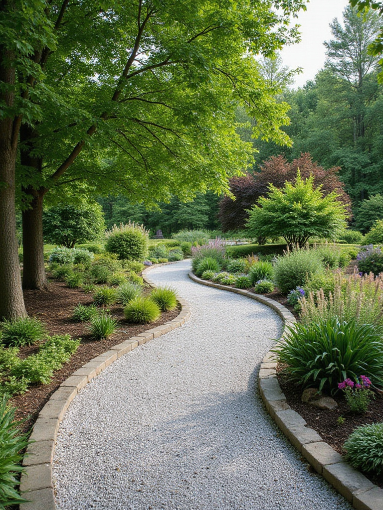 A winding light grey gravel path bordered by stone and plants in a sunny backyard garden.