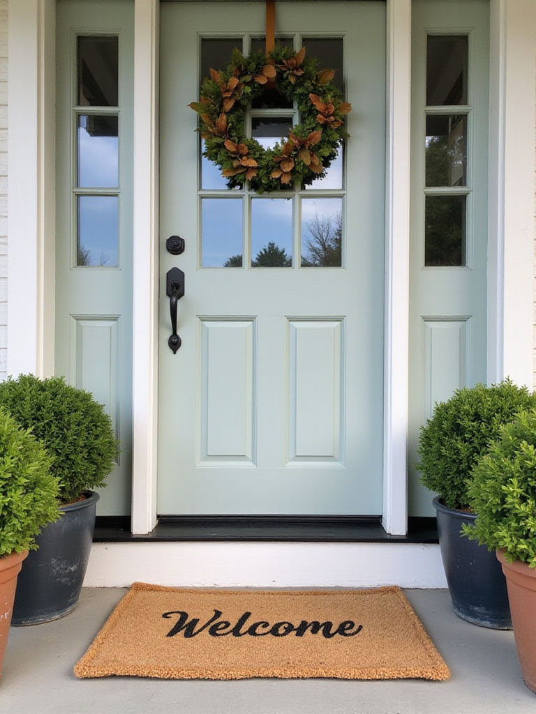 A charming front porch featuring a welcoming doormat centered in front of the door, flanked by potted plants.