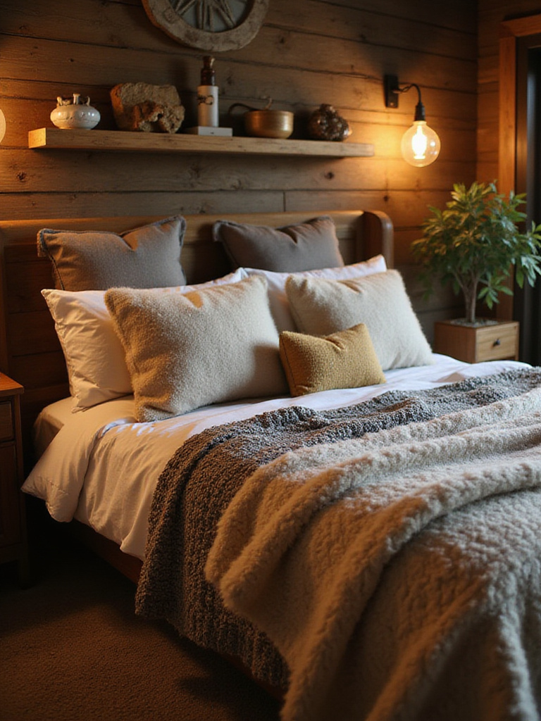 Cozy rustic bedroom with layered flannel, knits, and faux fur bedding.
