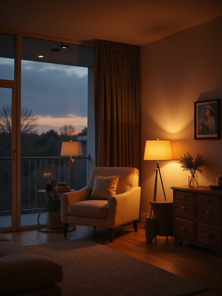 Layered lighting in a modern living room showing ambient, task, and accent lights for a cozy, functional space.