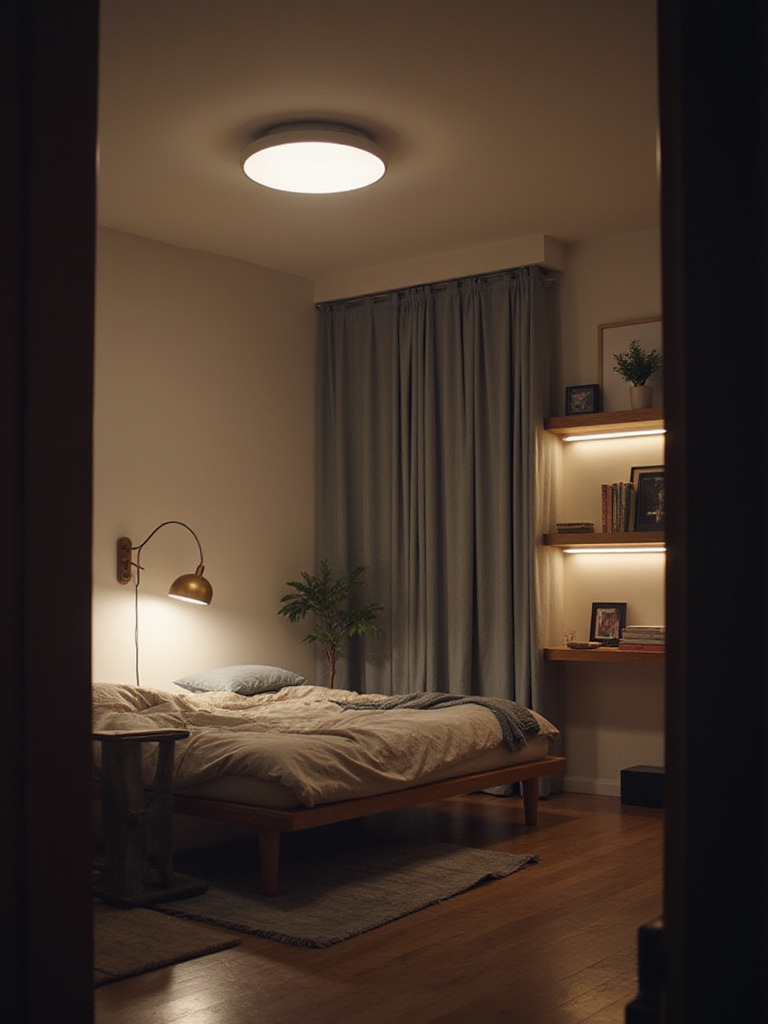 A small bedroom with layered lighting, including ambient, task, and accent lights, creating depth, ambiance, and a visually larger space.