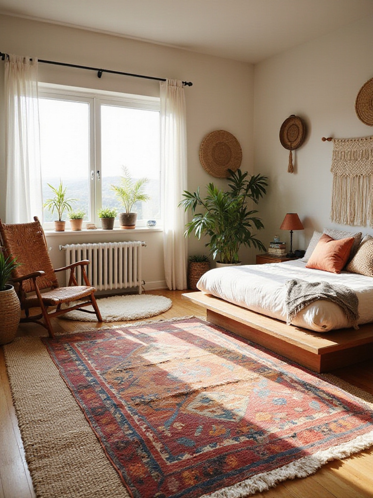 Boho bedroom with layered rugs for depth and comfort