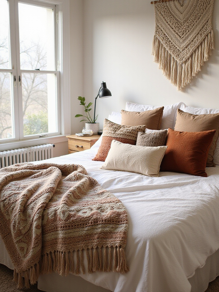 Boho bedroom with layered textiles and throws, including woven blankets, velvet cushions, and macrame wall hanging.