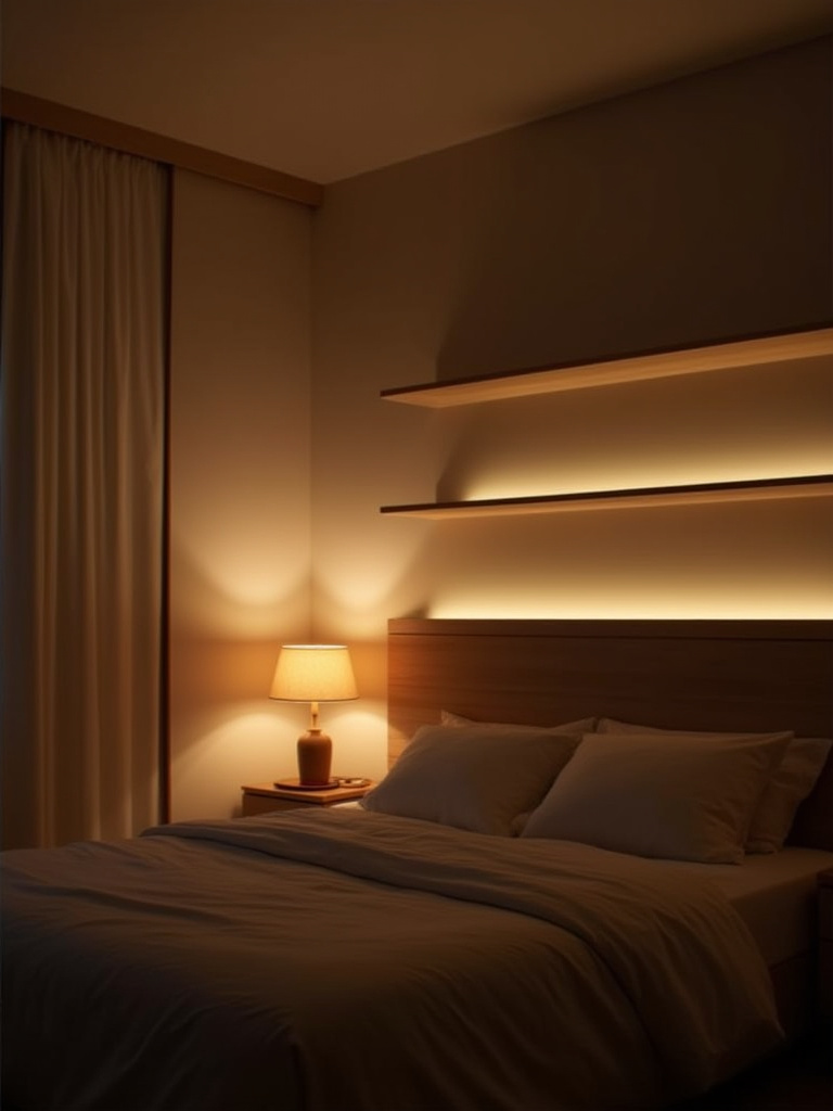 A warm and cozy apartment bedroom demonstrating layered lighting with bedside lamps, a floor lamp, and subtle accent lights creating a relaxing ambiance.