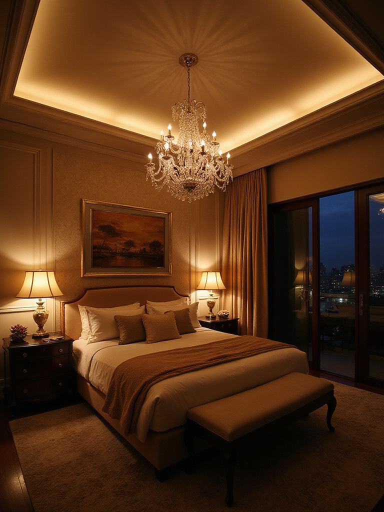 A luxurious bedroom showcasing layered lighting with a chandelier, bedside lamps, and cove lighting creating a warm, inviting ambiance.
