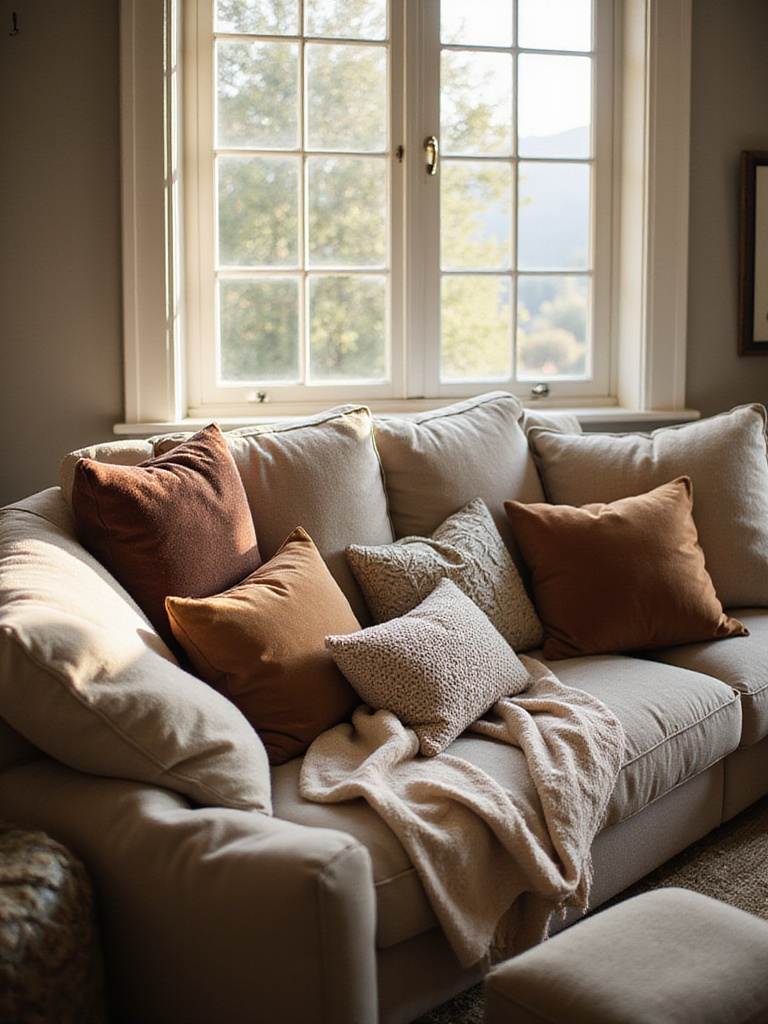 A cozy living room sofa layered with various pillows and soft throws, creating an inviting and comfortable atmosphere with warm natural light.