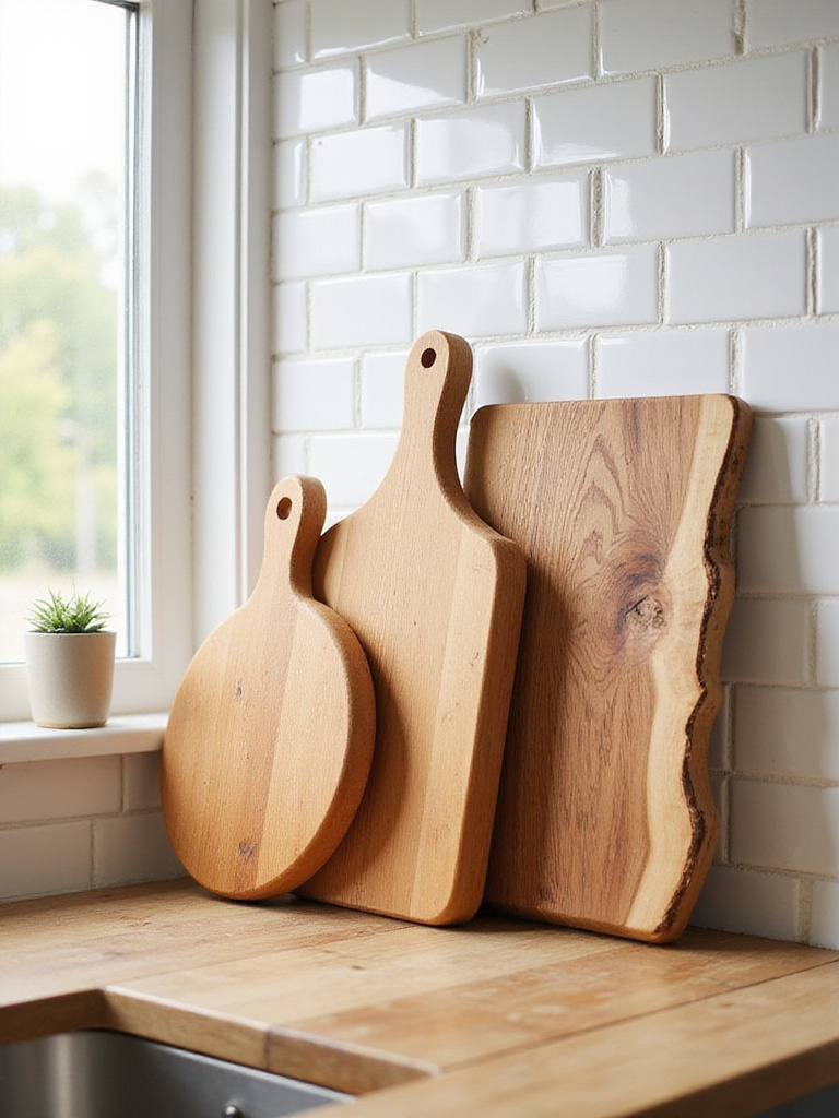 Farmhouse kitchen with decorative wooden cutting boards leaning against backsplash