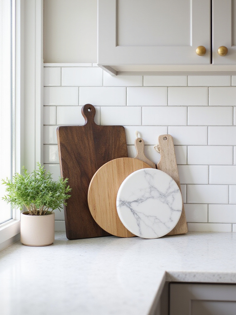 Stylish kitchen countertop decorated with layered wooden, marble, and bamboo cutting boards leaning against a white subway tile backsplash.