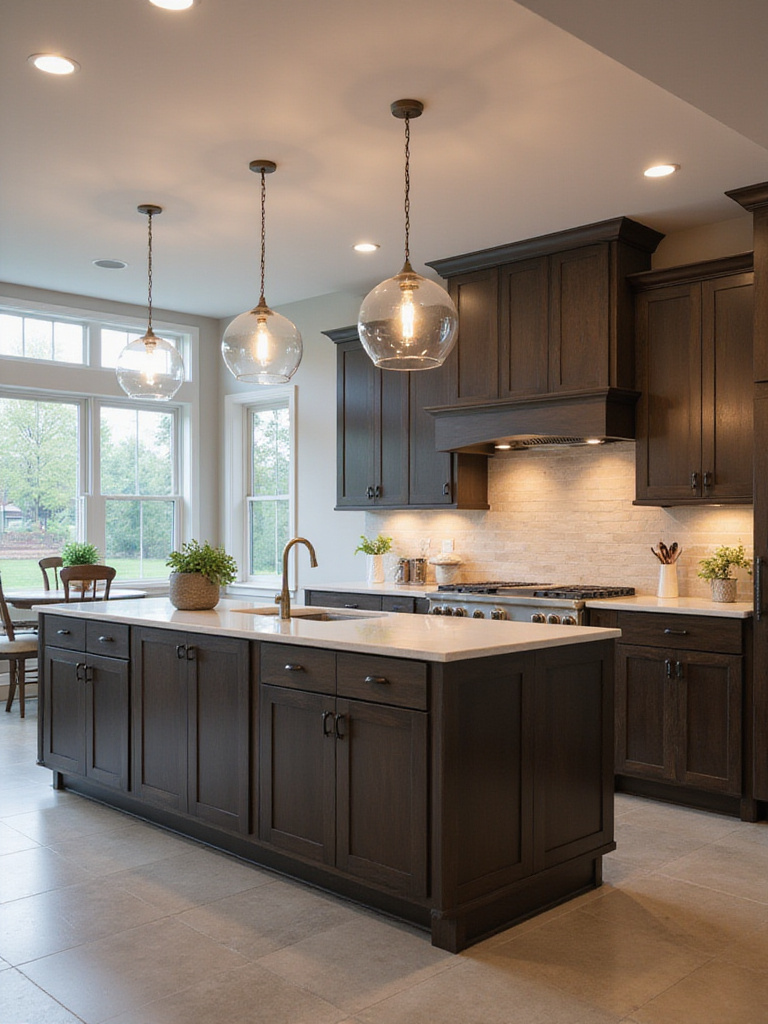 Brown kitchen cabinets illuminated with layered lighting including pendant lights, under-cabinet lighting, and recessed lighting.