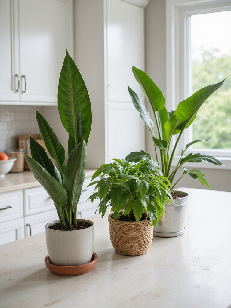 Stylish kitchen counter decorated with low-maintenance plants like snake plants, ZZ plants, and pothos in decorative pots, adding natural beauty to the space.