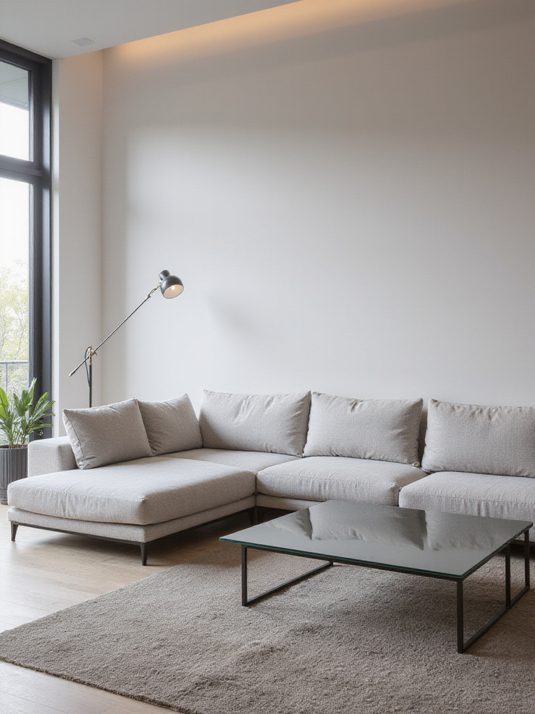 Modern living room with sleek, low-profile sectional sofa