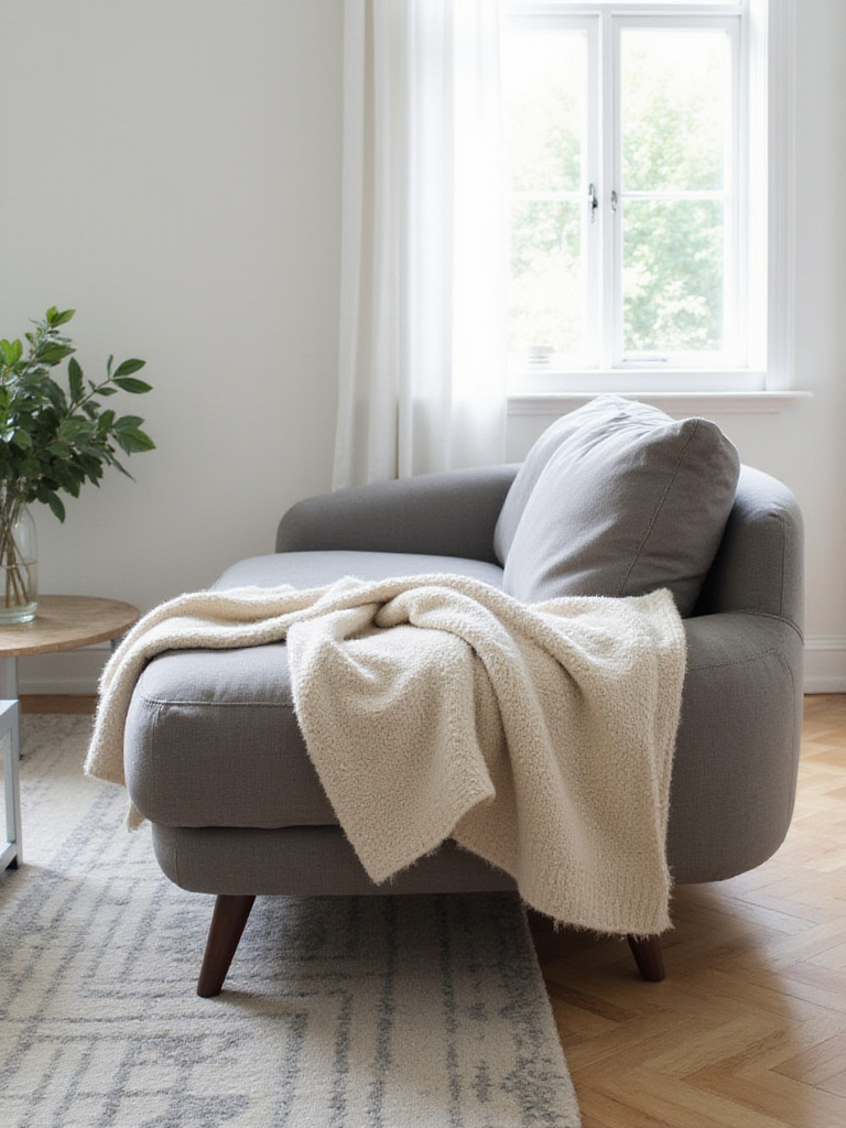 Luxurious cashmere throw blanket draped over a modern gray sofa in a stylish living room.