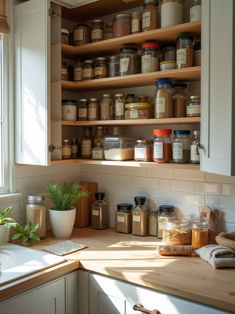 A beautifully organized kitchen cabinet showcasing neat containers and spices.