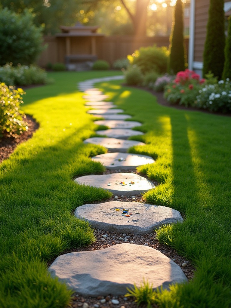 A winding garden path made of unique, handmade concrete stepping stones embedded with decorative elements, set within a lush green backyard landscape.