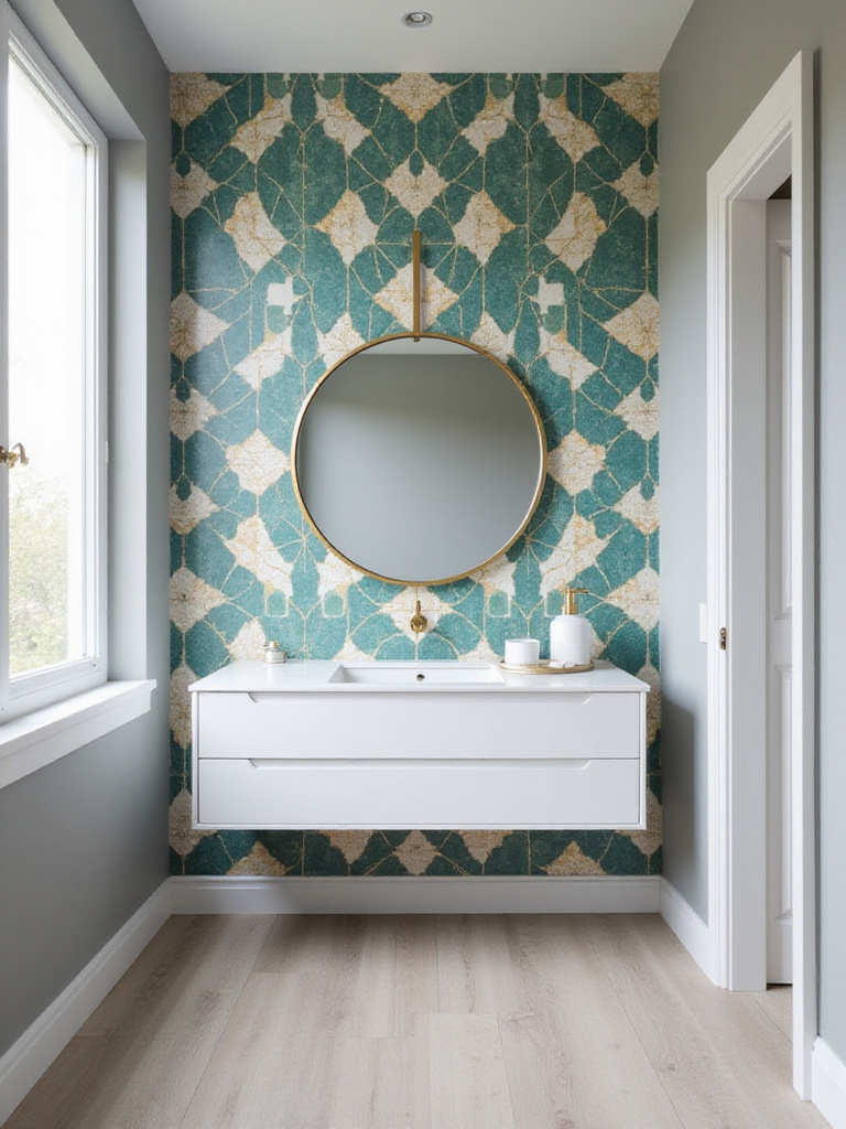 Bathroom with bold geometric patterned tile accent wall