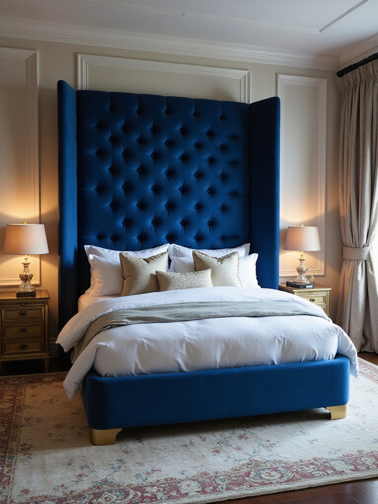 Luxurious bedroom featuring a grand, tall sapphire blue velvet tufted headboard behind a large bed with elegant bedding and nightstands.