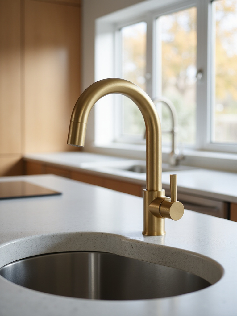 Elegant brushed gold designer faucet with pull-down sprayer in a modern kitchen.