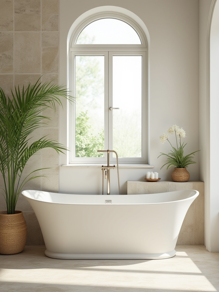 Eco-friendly bathroom remodel featuring a sustainable bathtub, recycled material tiles, and water-saving fixtures under natural light.