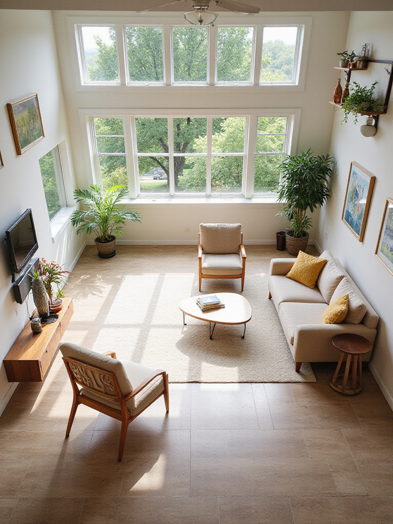 Living room layout with clear pathways around furniture for optimal traffic flow and easy navigation.