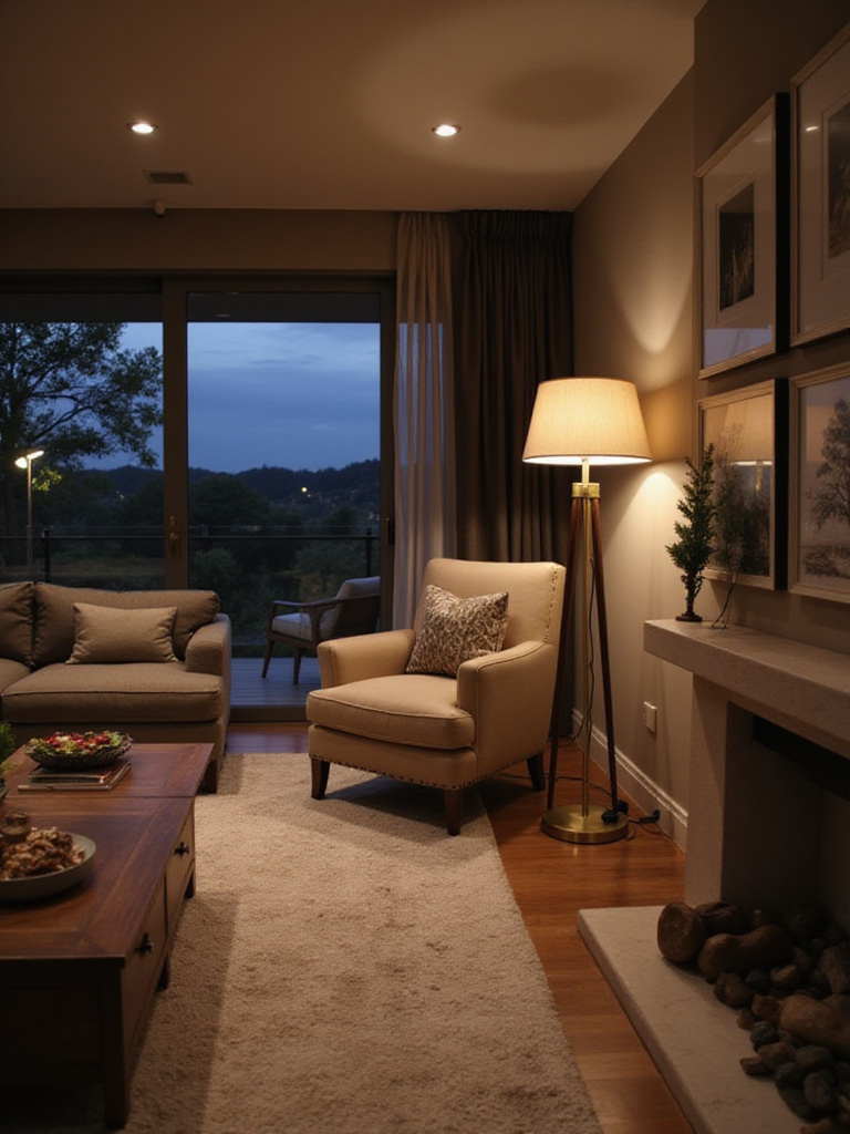 Living room interior at dusk showcasing effective layered lighting with ambient, task, and accent light sources creating a warm and inviting atmosphere.