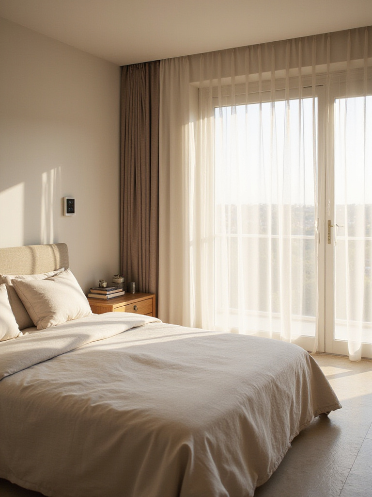 A serene luxury bedroom interior with soft lighting, hinting at perfect, invisible comfort provided by advanced climate control.