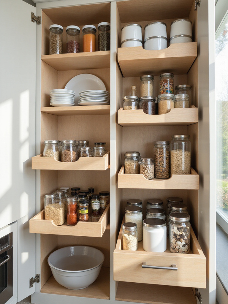 Organized kitchen cabinet with pull-out drawers and clear containers