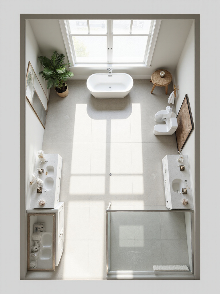 Overhead view illustrating a functional and spacious master bathroom layout plan with a walk-in shower, freestanding tub, double vanity, and separate toilet area.