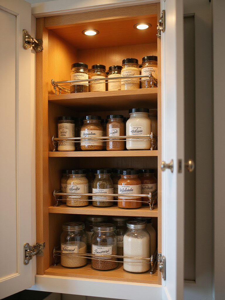 Well-organized in-cabinet spice rack with labeled jars in a kitchen cabinet