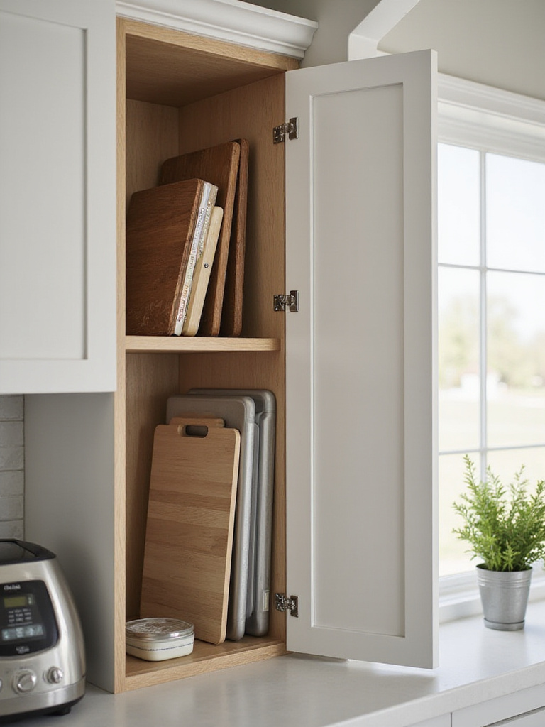 Modern kitchen cabinet with vertical dividers for baking sheets and cutting boards