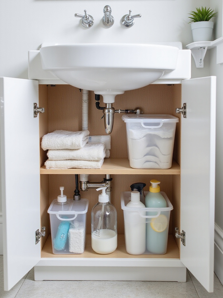 Organized under-sink storage in a white bathroom vanity, featuring pull-out shelves, clear bins, and door hooks efficiently maximizing space around plumbing pipes.