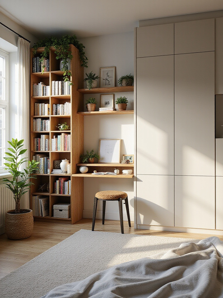Apartment bedroom featuring tall bookcase and floating shelves maximizing vertical wall space for organized storage and decor.