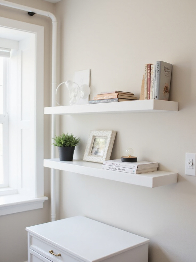 Floating shelves on a small bedroom wall used to maximize vertical storage space for books, plants, and decor without taking up floor space.