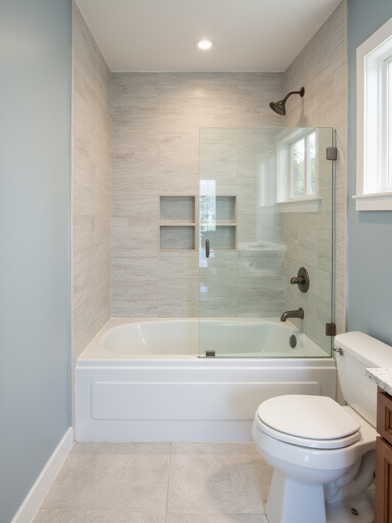 A contemporary bathroom showcasing a bathtub in an alcove with a clear glass enclosure, recessed storage niches, and large format tiles, illustrating how to maximize an existing layout during a remodel.