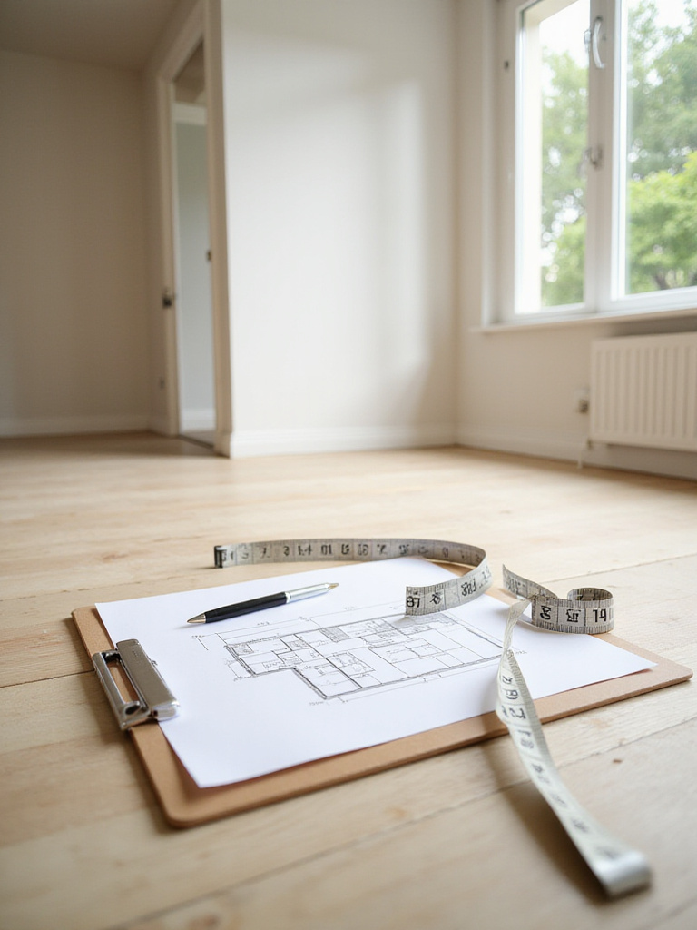 Tape measure and floor plan sketch on the floor of a bright, empty living room, illustrating accurate room measurement.