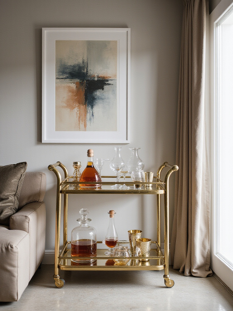 Modern living room with a gold metallic bar cart displaying glassware and liquor.