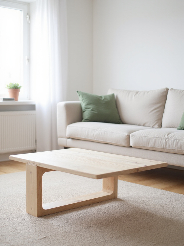 Minimalist light wood coffee table with clean lines in a bright modern living room.