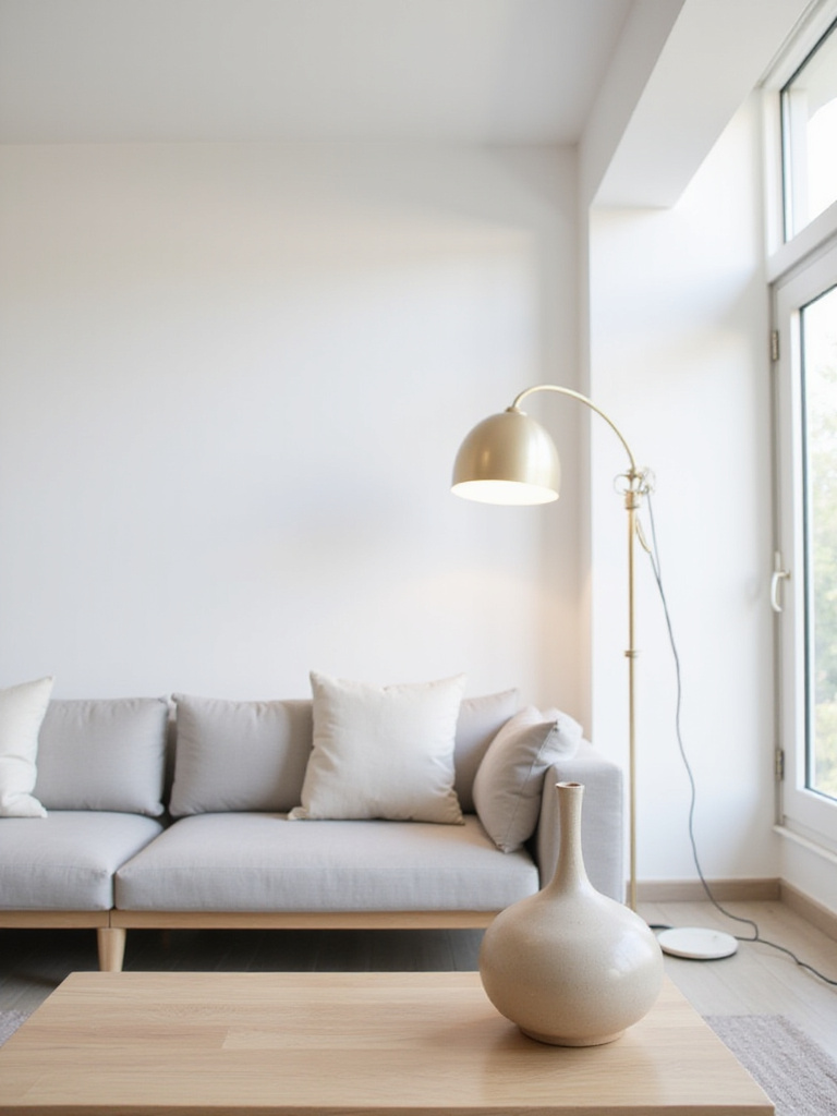 Modern living room with minimalist decor, featuring a ceramic vase and a geometric floor lamp.