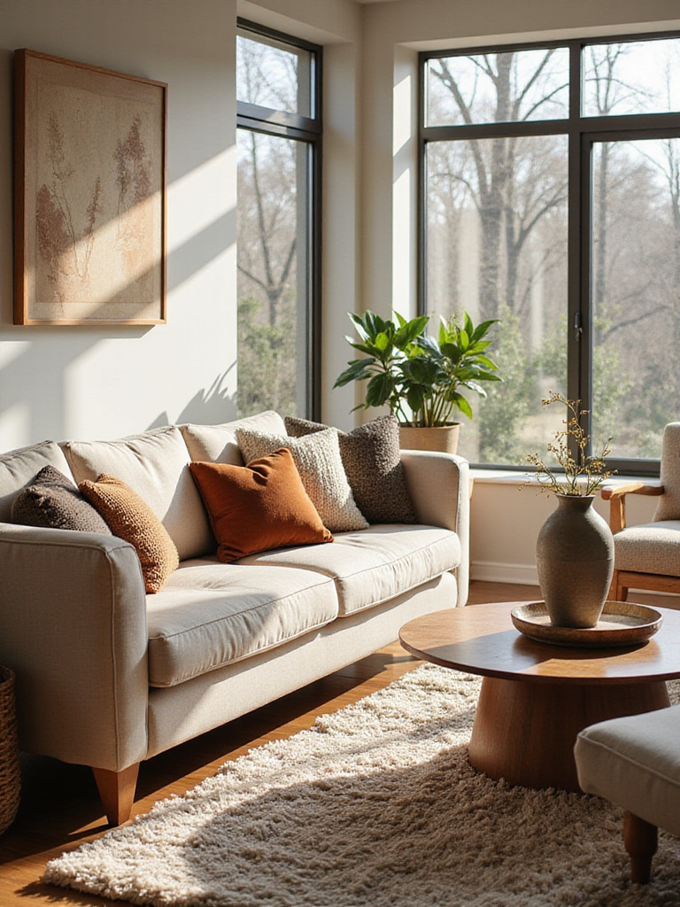 Living room showcasing mixed textures: soft rug, velvet pillows, knit throw, smooth wood, woven basket, ceramic vase.