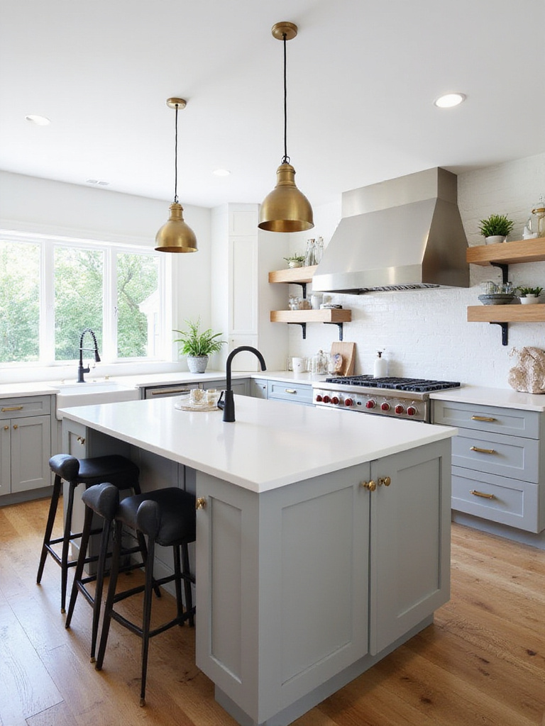 A transitional kitchen featuring mixed metal finishes, including brushed brass cabinet hardware, a matte black faucet, antique brass pendant lights, and black metal shelving brackets, adding depth and style to the space.
