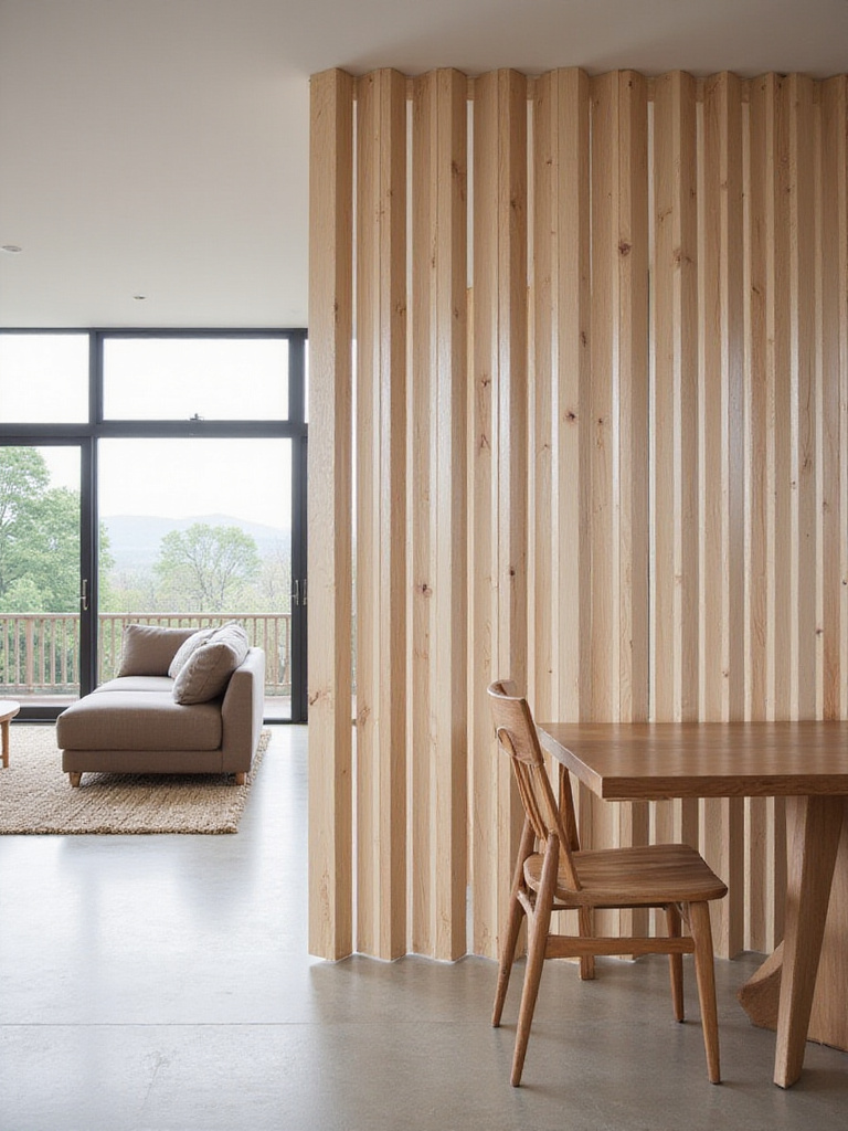 Modern living room with slatted wood room divider creating defined spaces