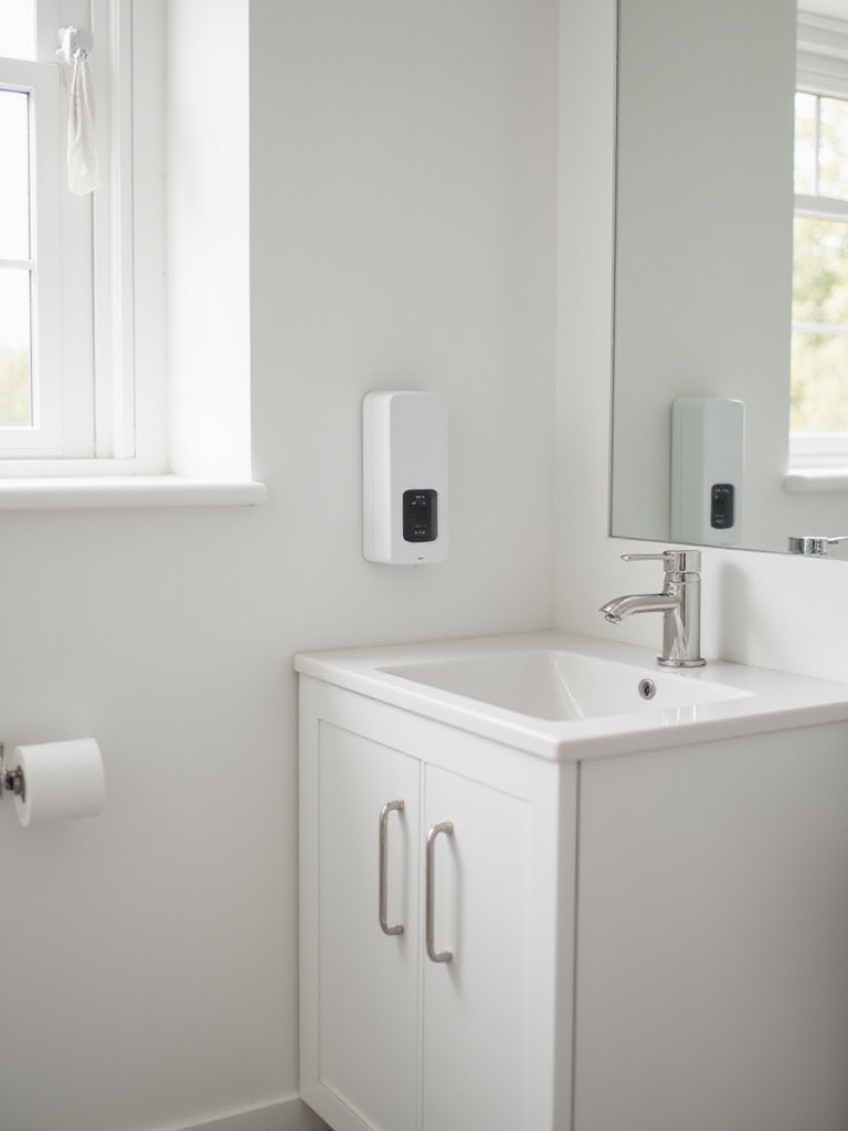 Wall-mounted soap dispenser installed next to a sink in a small, modern bathroom, demonstrating how it saves valuable counter space and reduces clutter.