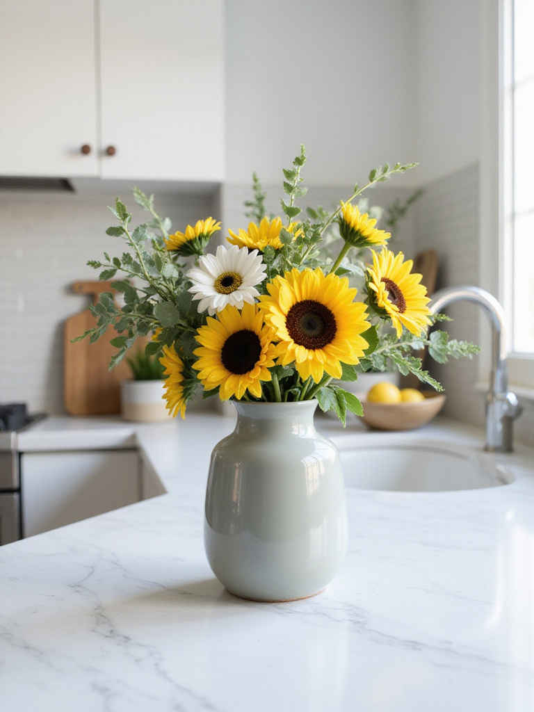 A ceramic vase filled with fresh sunflowers, daisies, and eucalyptus on a white quartz kitchen countertop, adding natural beauty and color to the space.