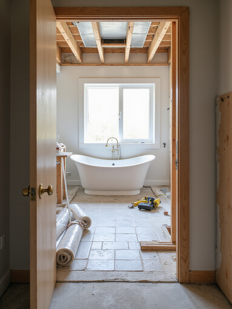 A master bathroom under renovation, showing exposed studs with plumbing and electrical rough-in, floor prepped for tile, and construction materials, illustrating the project timeline.