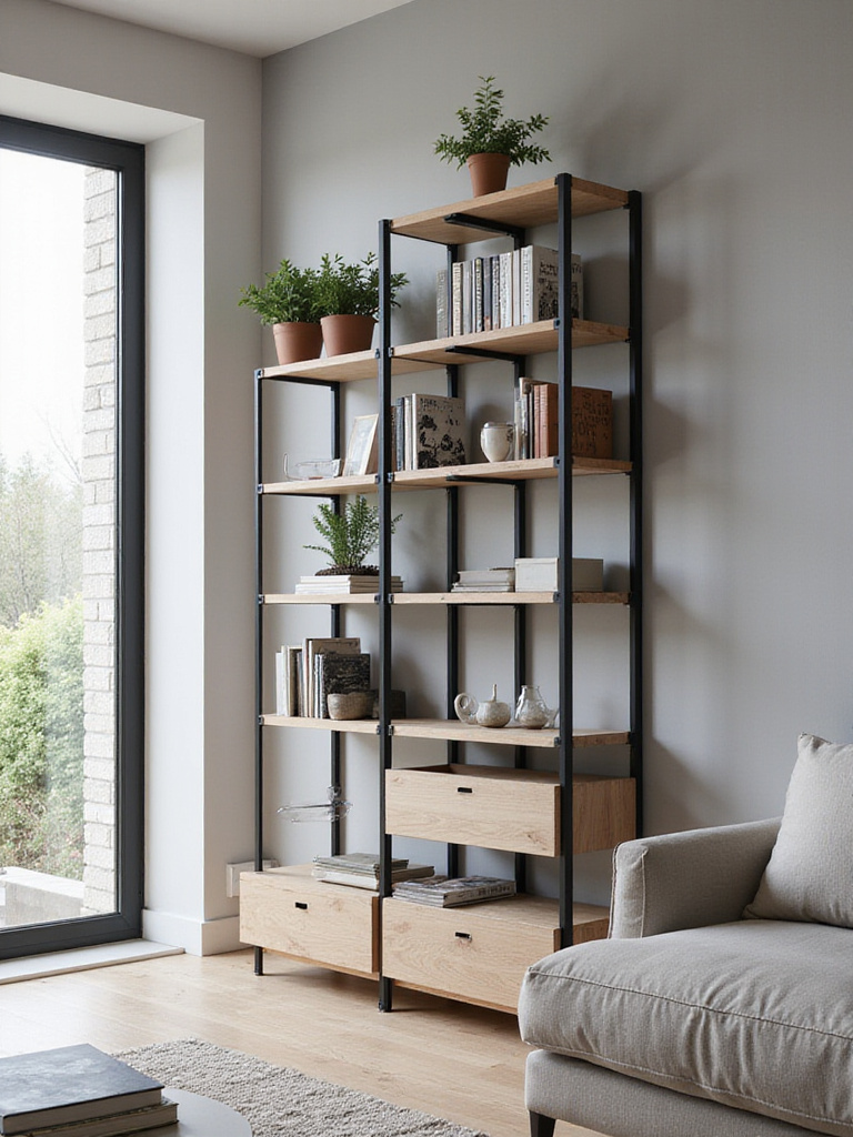 Modern living room with light wood and black metal modular shelving unit displaying books and plants