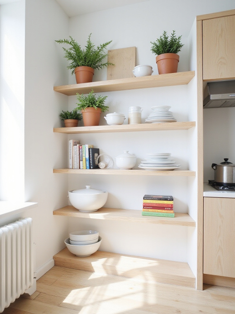 Bright kitchen with light wood open shelving displaying dishes, plants, and cookbooks.